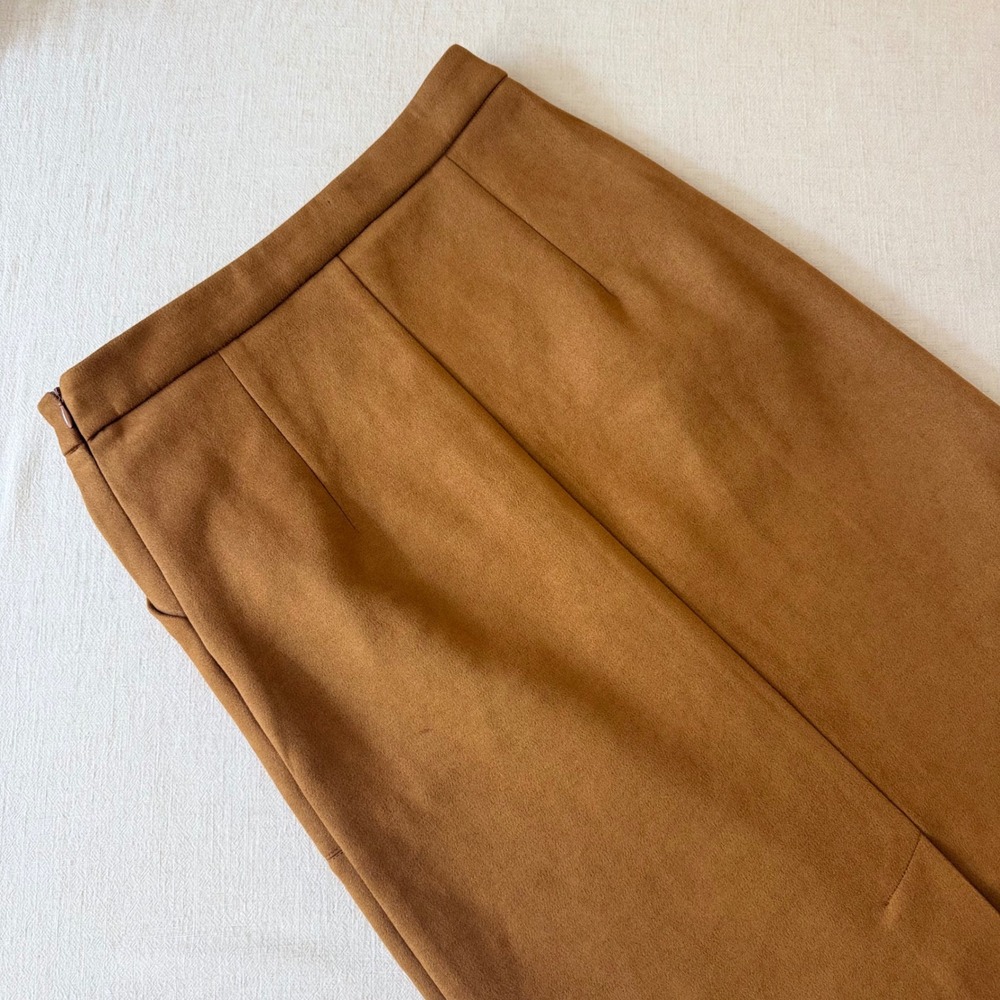 In February Faux Suede Midi Skirt Camel Brown Paneled Pencil Skirt Small - Picture 7 of 8